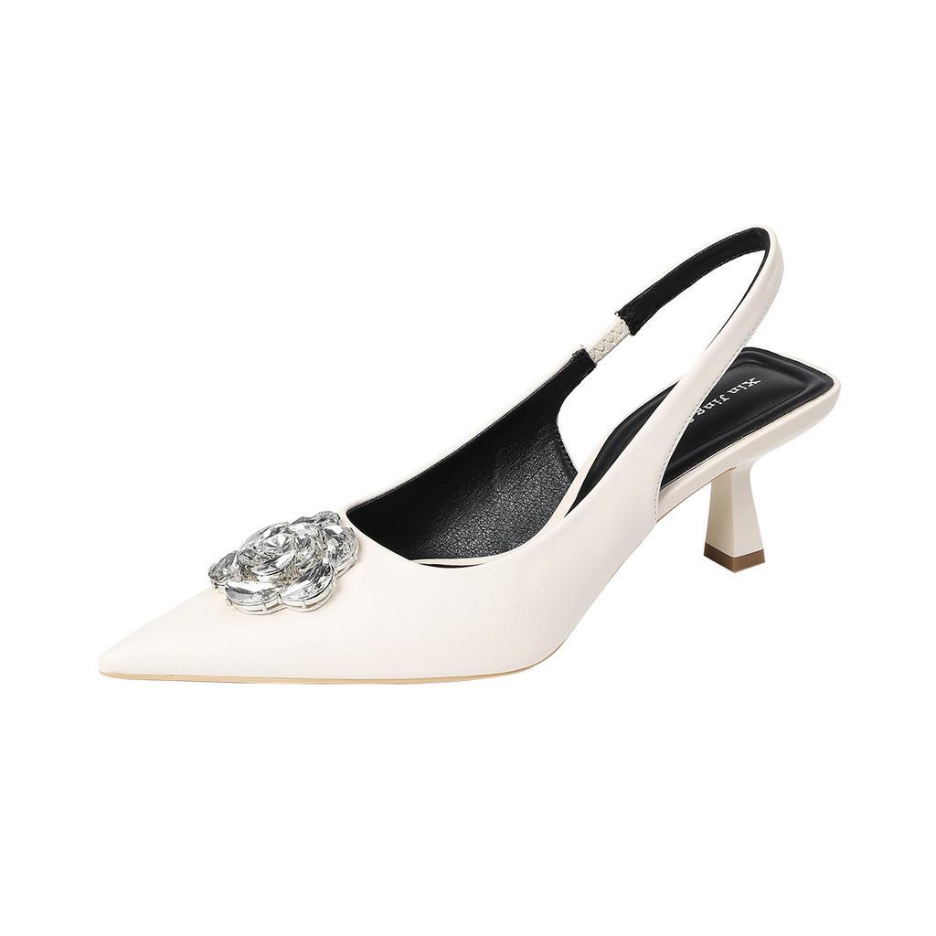 623-8 Xiaoxiangfeng Rhinestone Camellia Pointed Head High-heeled Single Shoes New Temperament Thin Heel Thin Bag Head Single Shoes Women