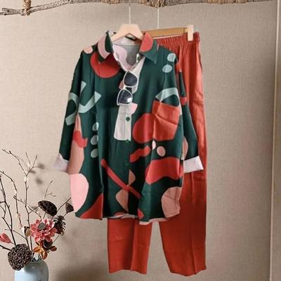 Set 2 bucăți/set pantaloni cămașă cu rever cu mâneci lungi, talie elastică, picior lat, moale, casual, bluză, pantaloni, set