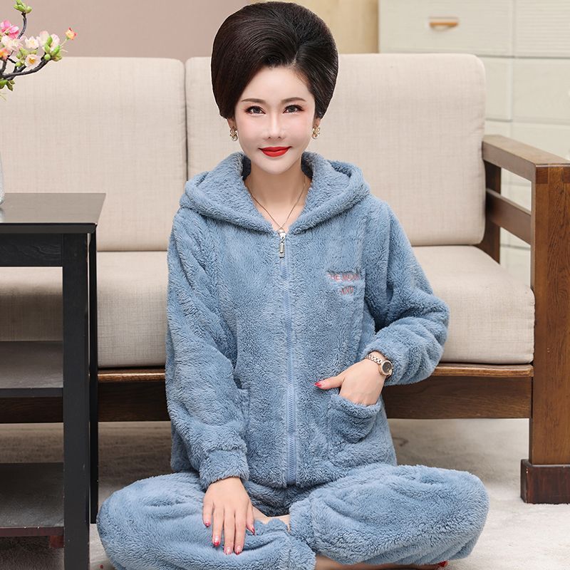 Autumn and Winter Coral Fleece Pajamas Ladies Zipper Hooded Plus Velvet Thick Warm Flannel Home Service