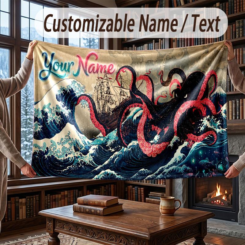 Octopus Sea Life Theme Throw Blanket Custom Name Text Personalized Blanket Soft Cozy Blanket for Home Sofa Bed