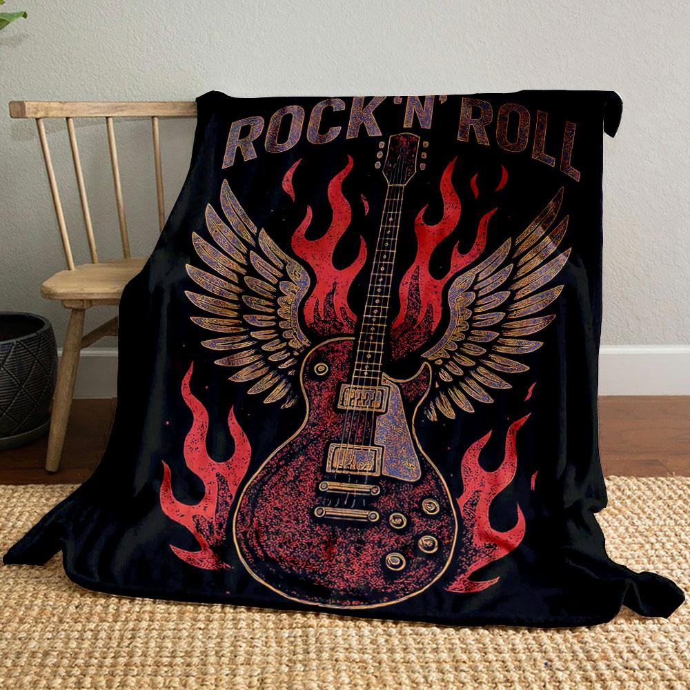 A guitar with flames and wings, surrounded by the text "Rock 'N' Roll". for all seasons blanket lunch break throw gift