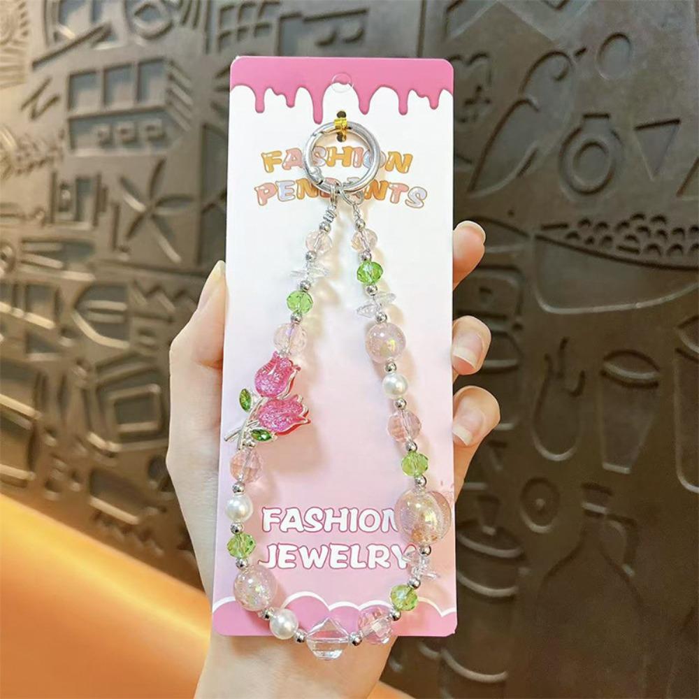 

Tulip Flower Crystal Bead Phone Strap Wrist Chain Mobile Phone Lanyard New Year Gift розовый