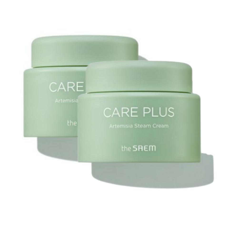 The Saem Care Plus Artemisia Steamed Cream (1+1 Value Pack) - Intensive Soothing & Deep Moisturizing Cream with Ganghwa Mugwort, 100ml x 2