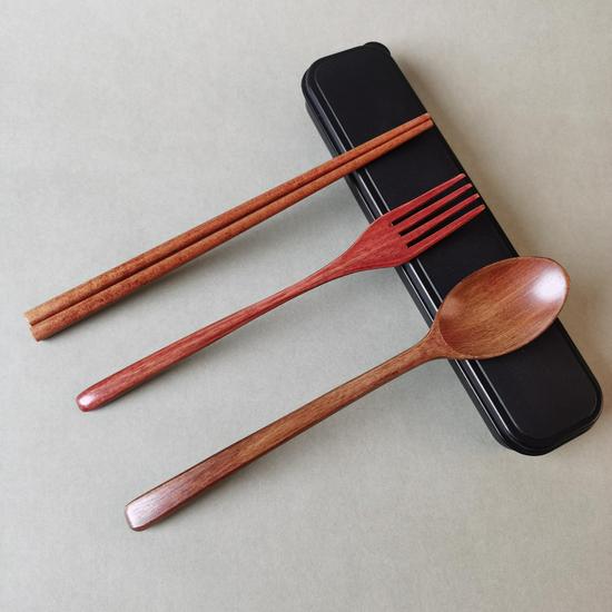 Children's Japanese Wooden Spoon & Chopsticks Set, Portable 3-Piece Cutlery with Box