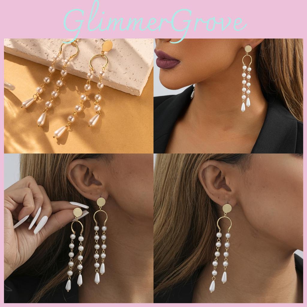 Simple Elegant And Asymmetric Pearl Tassel Earrings For Women