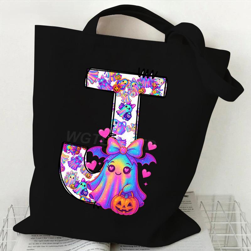 Halloween Alphabet Canvas Bag Going Out Portable Handbag Women's Large Capacity Casual Shoulder Crossbody Bag