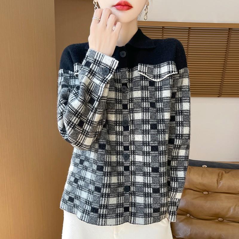 100% pure wool comfortable casual checkered shirt collar cardigan jacket
