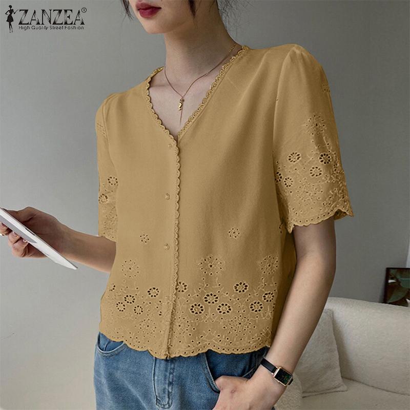 ZANZEA Blouse d'été décontractée à col en V pour femme, manches courtes, broderie dentelle