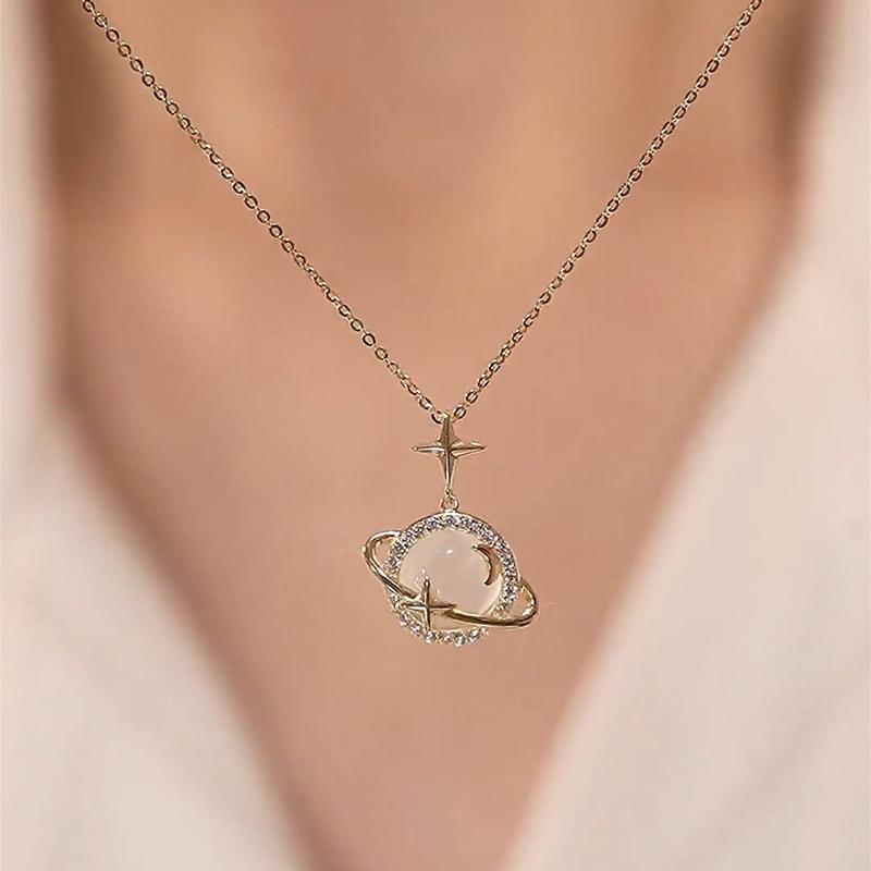 2024new Planet Opal Pendant Necklace Chain Stainless Steel Geometric Chokers Necklaces Women's Simple Wholesale