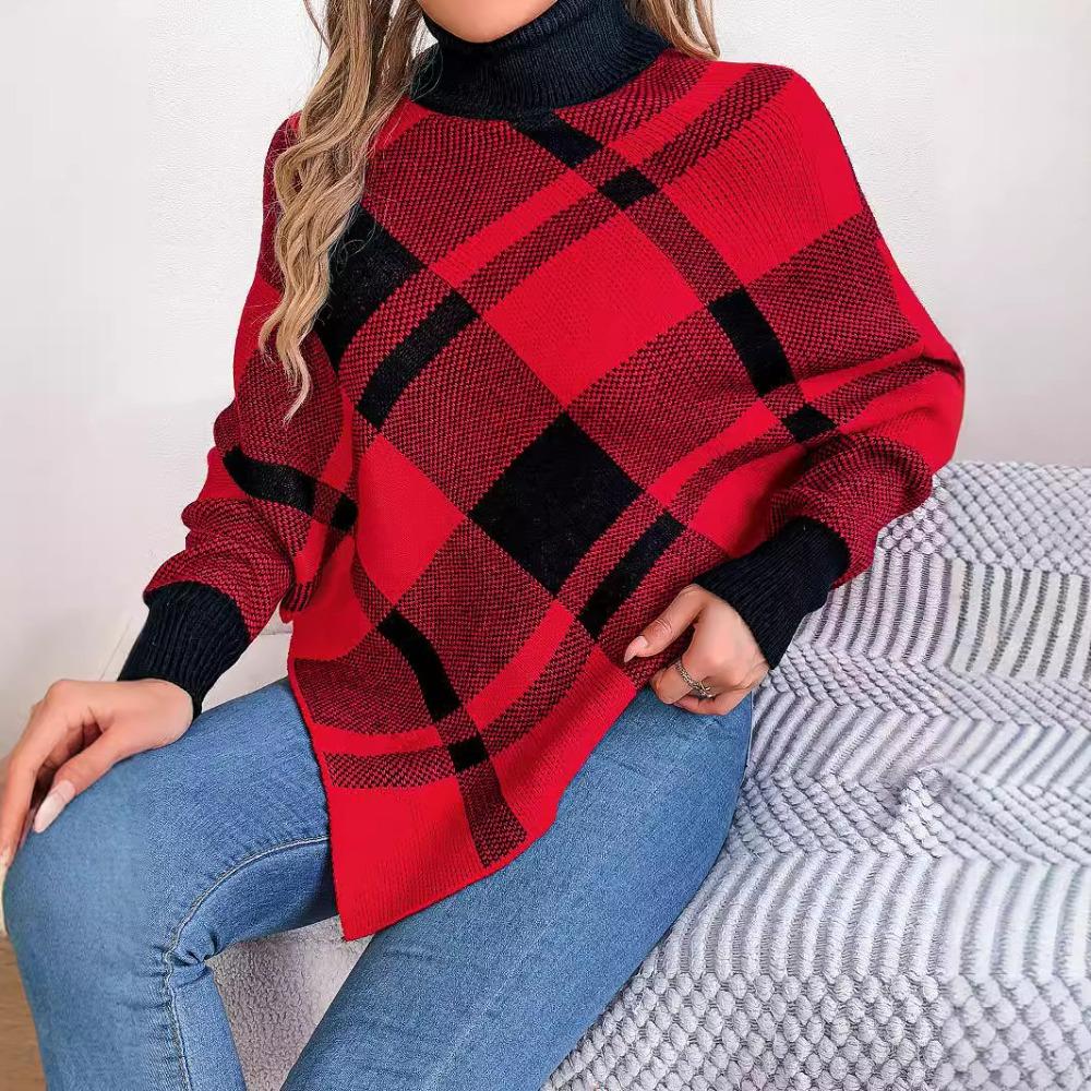 Autumn/Winter Women's Hooded Sweatshirt Casual Colour-Blocked Checked Turtleneck Long-Sleeved Cape Knit Jumper Christmas Ladies' Knitted Top