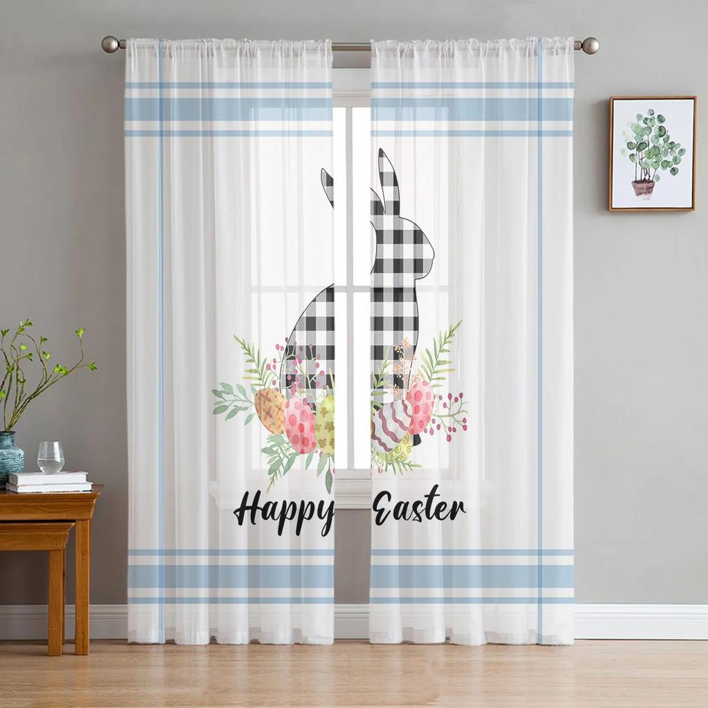 Light Filtering Easter Retro Farm Style Bunny Curtains Bedroom Living Room Festival Decor Cute Rabbit Kitchen Window Tulle Curtain Polyester Washable