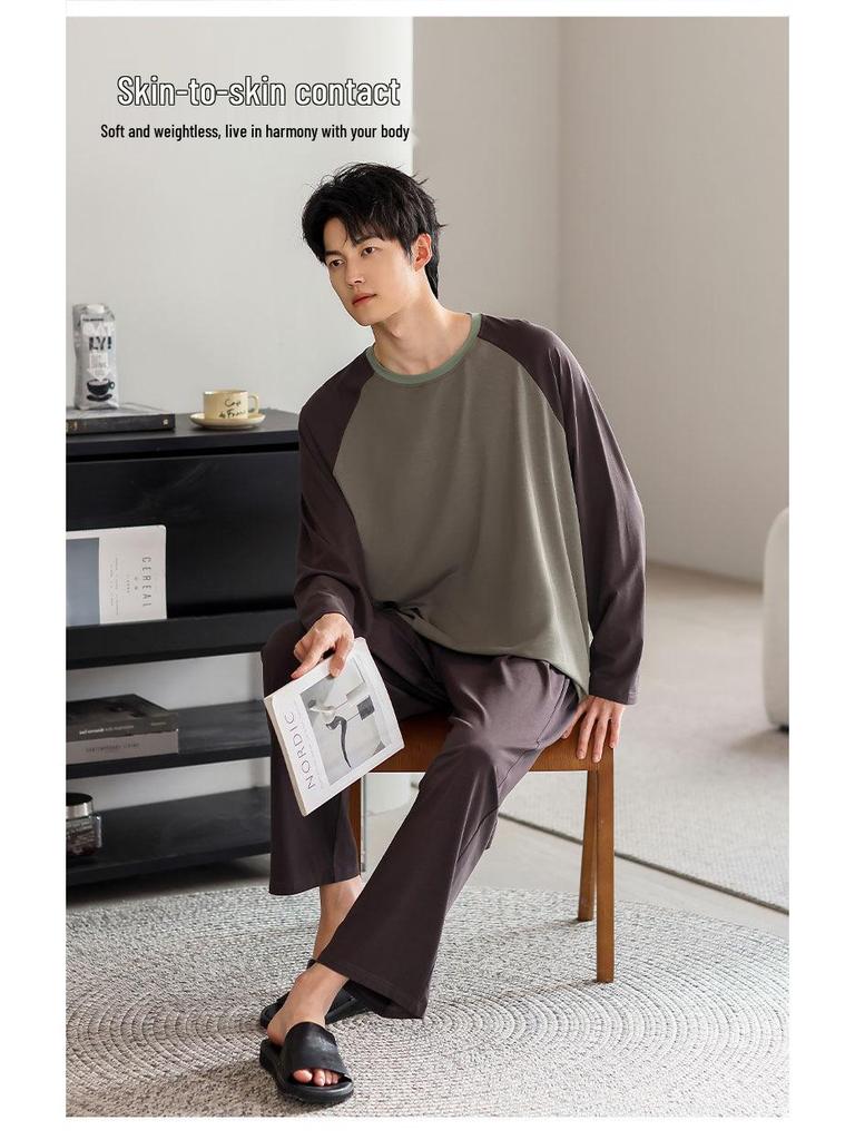 Men's Color Block Modal Pajama Set - Long Sleeve Round Neck for Stylish Spring and Autumn Wear