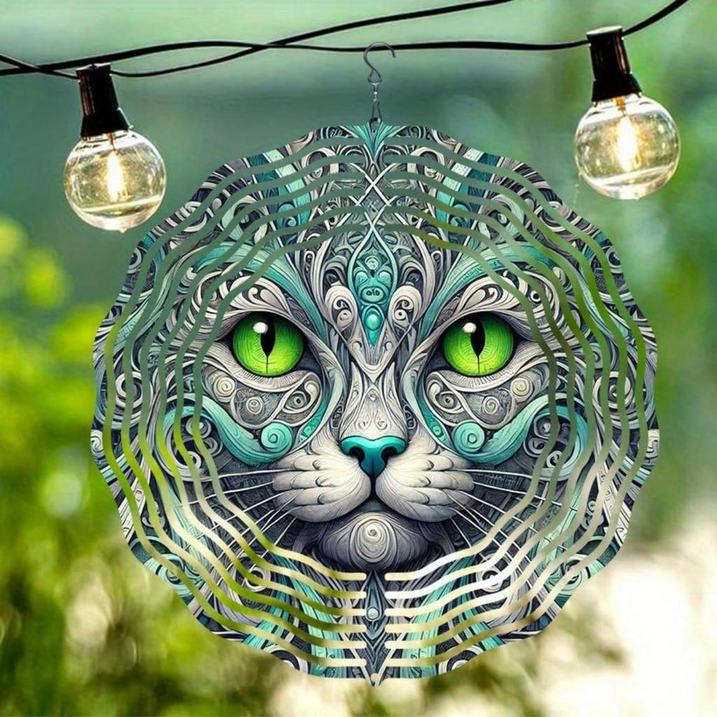 3D Metal Cat Face Wind Chime Handcrafted Kinetic Wind Spinner for Outdoor Patio Balcony Decor Vibrant Teal Turquoise Hanging Art