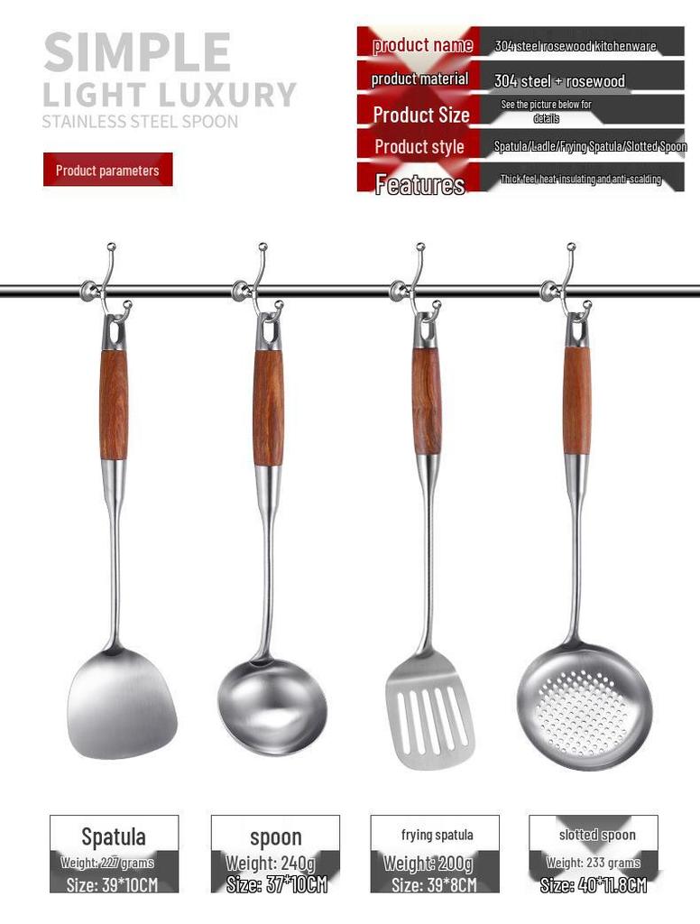 Four-Piece Spatula Set: 304 Stainless Steel & Pear Wood, Anti-Scald Long Handles for Stir-Fry Cooking