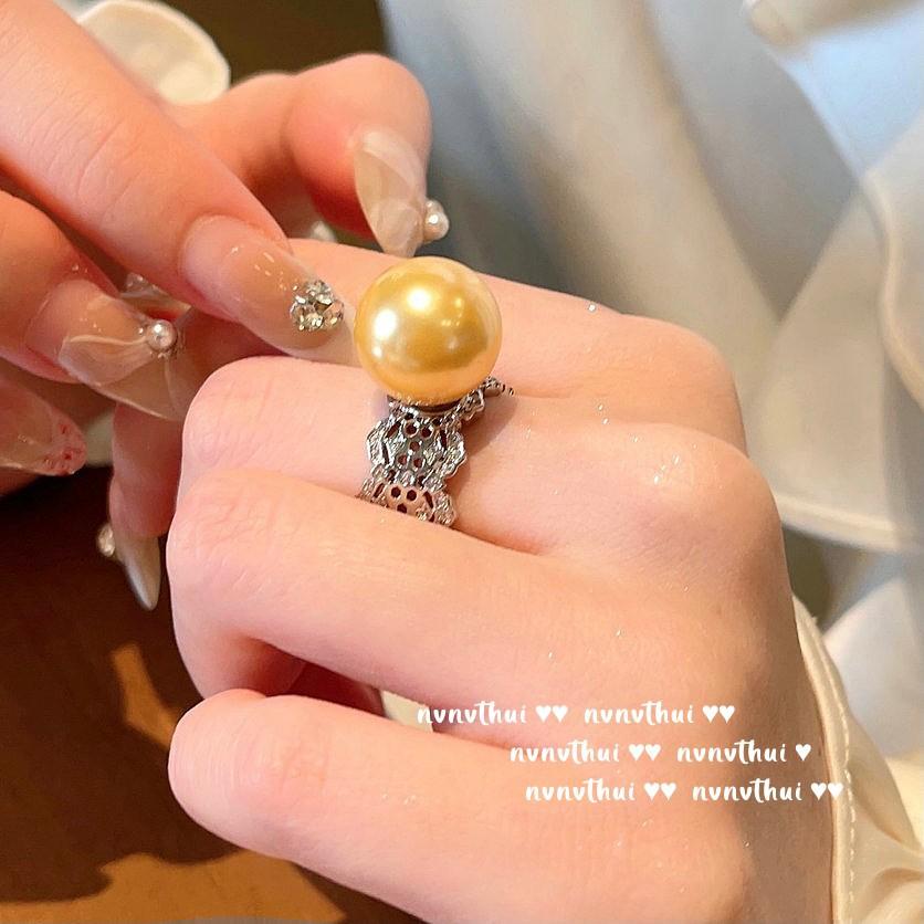 Lace Beehive Jewel Pearl Ring, Tahiti, Deep Sea Bead Lace Hollow Zircon Court Pearl Ring