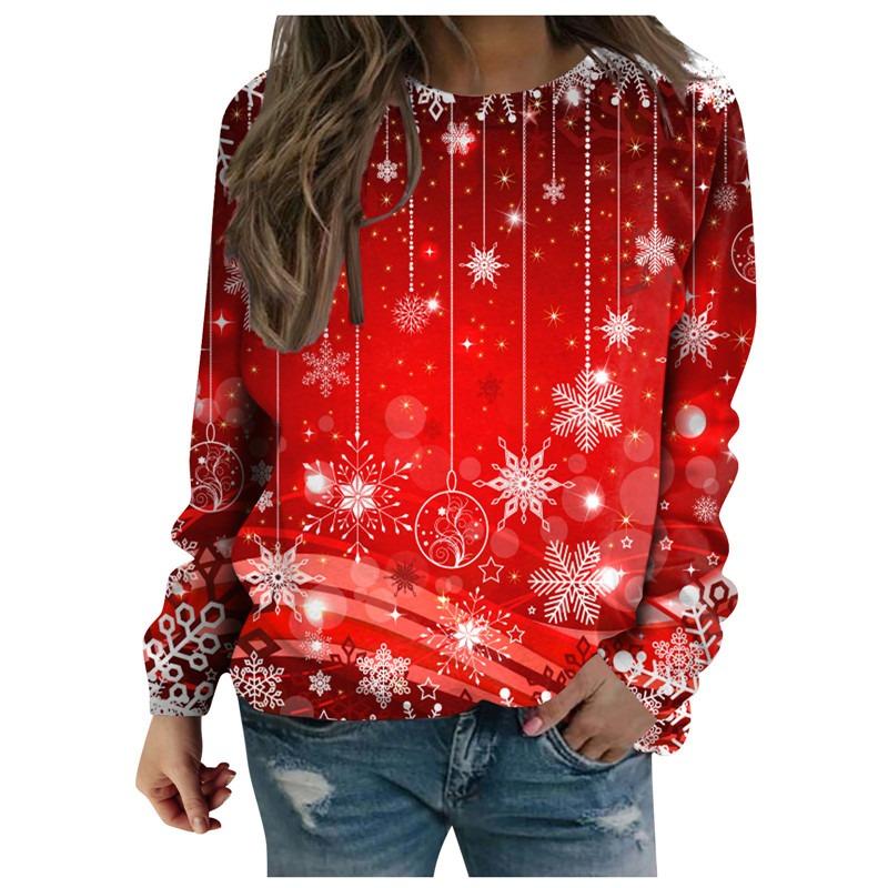 Christmas Decorations Pattern Women Red T-Shirts Autumn Winter Long Sleeve 3D Snowflakes Print