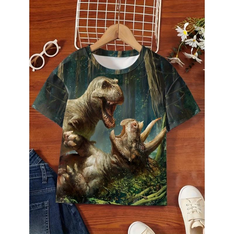 Sommar Rundhals 3D Dinosaurie Tryckt Topp Trendig Casual Kortärmad Barn Pojk T-shirts