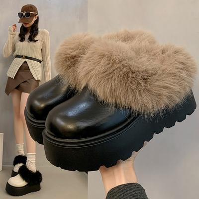 Modne Damskie Buty Codzienne na Grubej Podeszwie Antypoślizgowe Okrągły Nosek Utrzymujące Ciepło Płytki Dekolt Wsuwane Zimowe Buty Średniej Długości Podszewka z Aksamitu