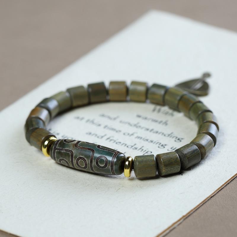 Green Sandalwood Barrel Bead Bracelet with Aventurine Dzi Bead - Unisex Wooden Single-Loop Buddhist Jewelry.