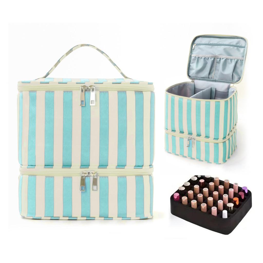 

Double Layer Striped Makeup Bag With Large Capacity For Travel And Daily Use Blue White