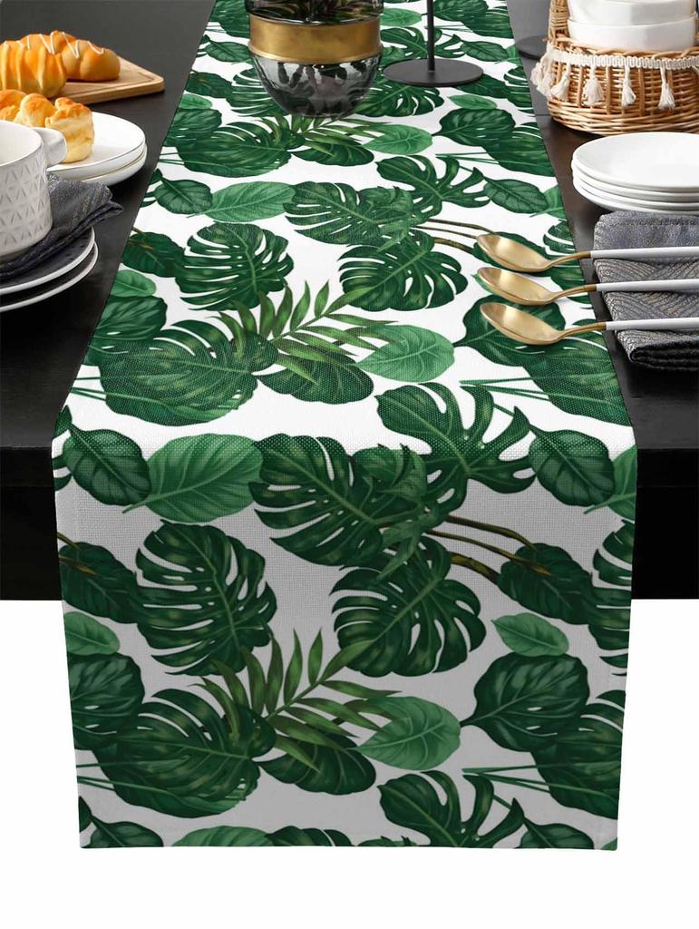 Summer Tropical Palm Leaf Linen Table Runner Party Decor Reusable Farmhouse Kitchen Dining Table Runner Wedding Decorations