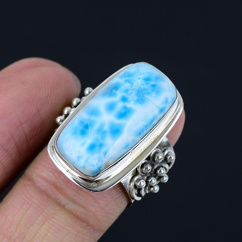 Natural Larimar Gemstone Ring 925 Sterling Silver Handmade Wide Band Huge Statement Rings For Women & Girls