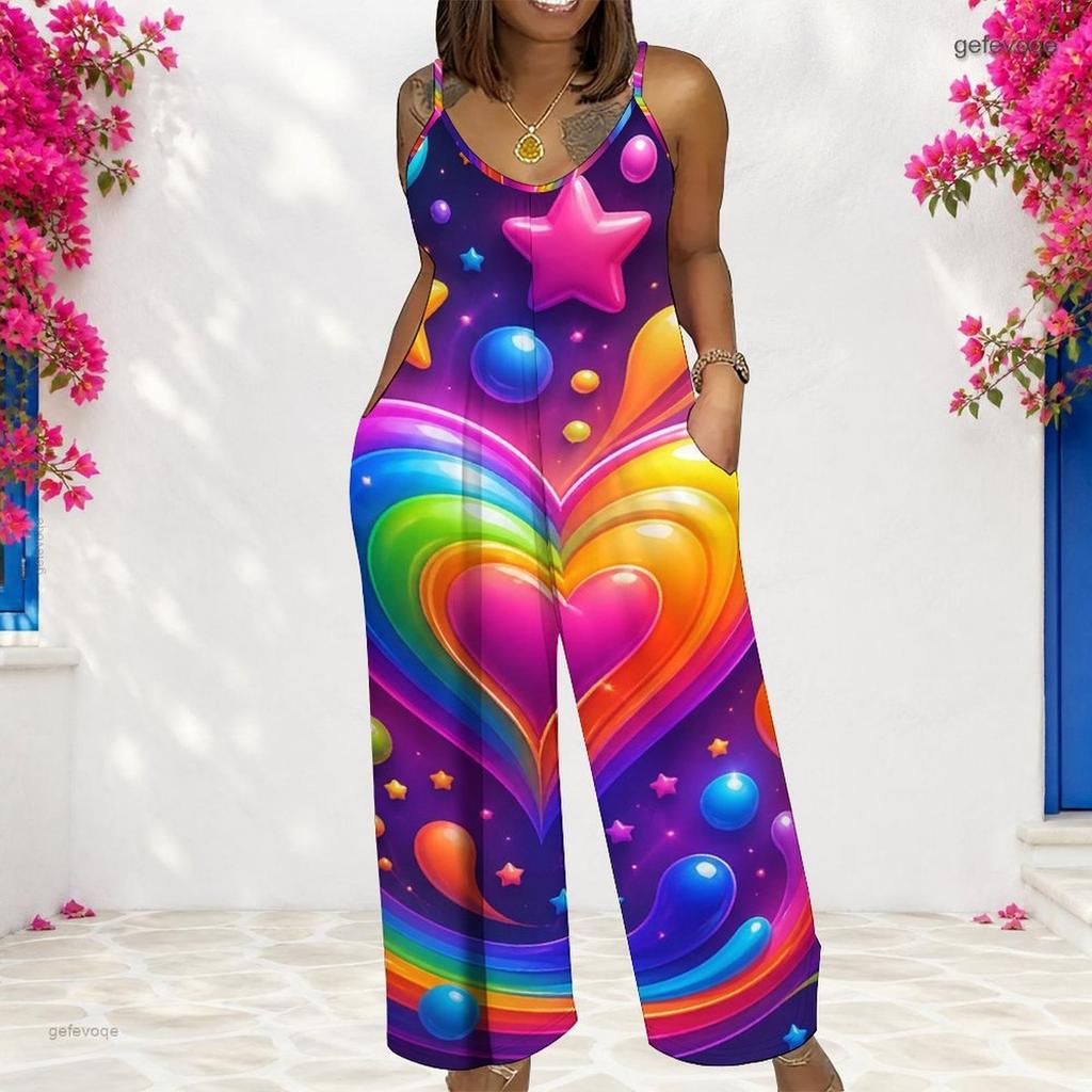Women Spaghetti Strap Jumpsuit Rainbow Heart Star Print Wide Leg Pants With Pockets