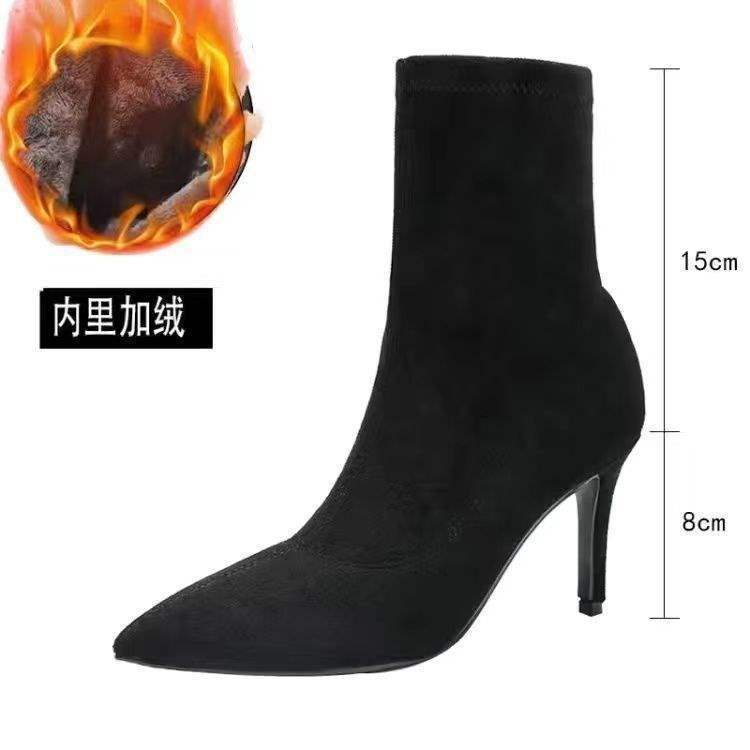 Leather 2025 autumn and winter pointed toe thin heel short boots women's black suede high heel socks boots bare boots Internet celebrity elastic