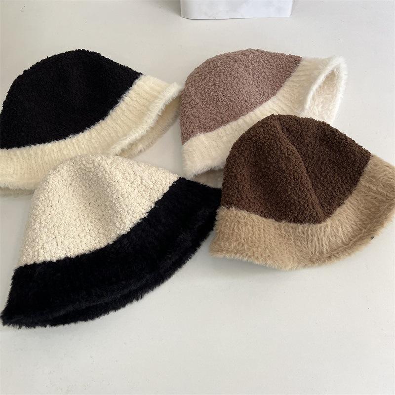 Color Matching Plush Hat Women's Autumn and Winter New Face Small Bucket Hat Cute Thickened Warm Lamb Wool Basin Hat