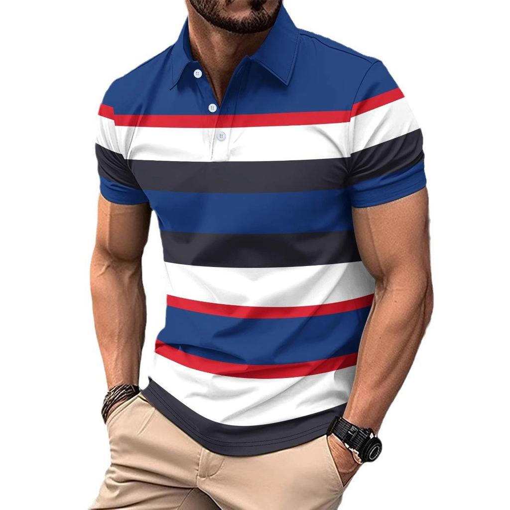 New Men's Casual Polo Shirt with V-Neck and Button Placket Versatile Business-Striped T-Shirt Top