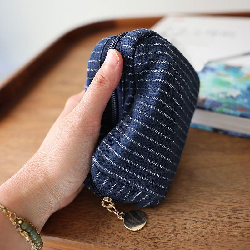 Klassische gestreifte tragbare Kosmetiktasche mit großem Fassungsvermögen aus Baumwollleinenstoff, dunkler Reißverschluss, Reise-Aufbewahrungstasche für Hautpflege