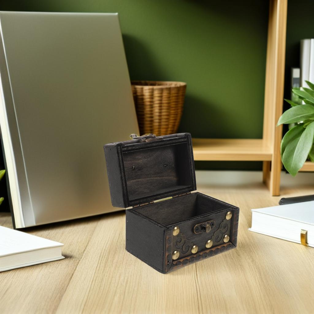 Vintage Wooden Treasure Chest Dark Brown Solid Wood Jewelry Storage Box Decorative Organizer Home Decoration Keepsake Box Retro