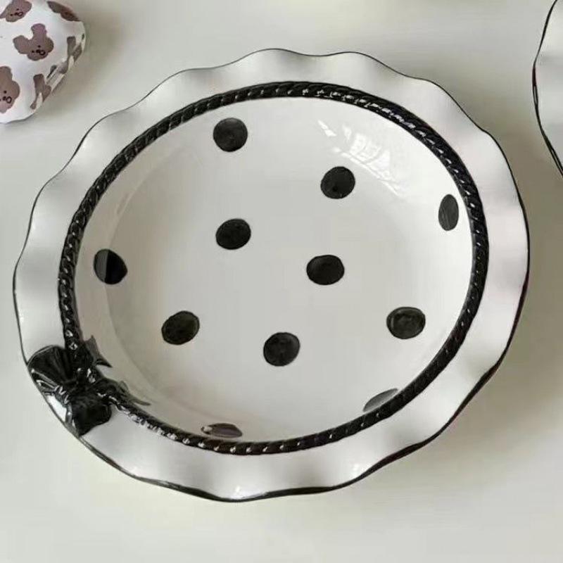 Keramikgeschirr-Set im koreanischen Stil: Punkte Schleife - Niedliche Reisschalen & Tiefe Teller