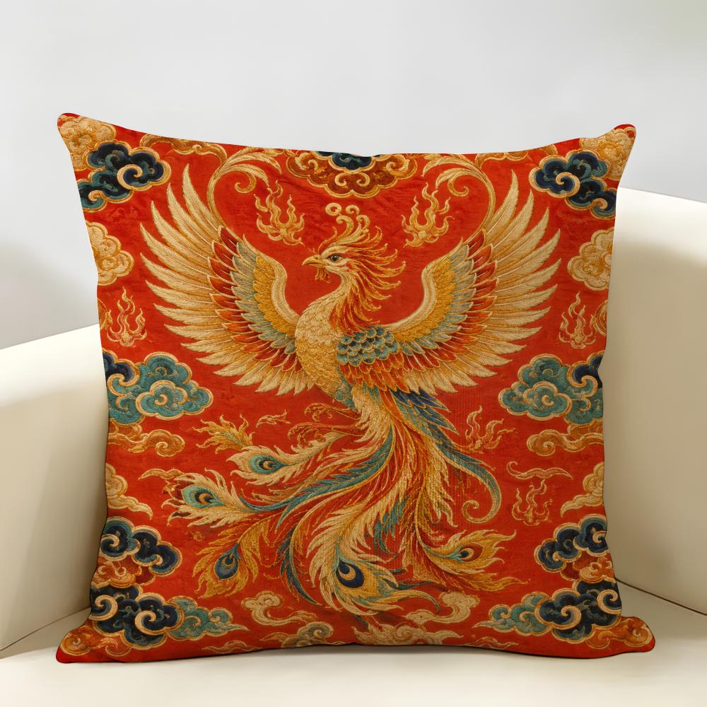 Red Chinese-style Animal Cushion Cover Natural Linen Organic Fabric Double-Sided Printing Breathable For Home Decor
