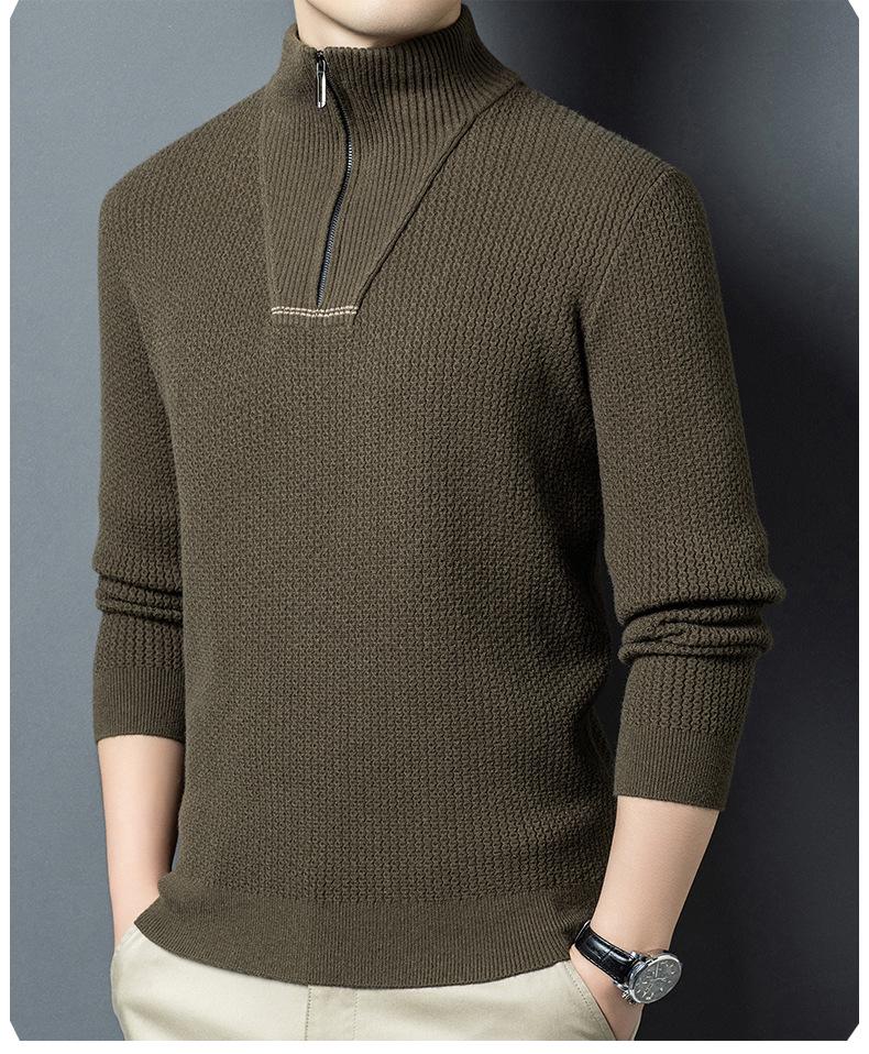Men's Plus Size Trendy Half-Zip Wool Sweater: Autumn/Winter Fleece Pullover, Warm Casual Knit.