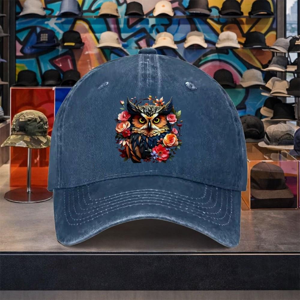Owl Floral Print Washed Cotton Baseball Cap Adjustable Unisex Vintage Casual Outdoor Hat