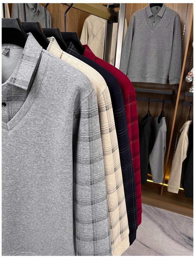 Men's 2025 Winter Plus Velvet Faux Two-Piece Lapel Knitwear for Middle-Aged & Elderly Dads
