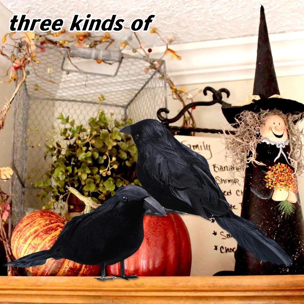 1-9PCS Artificial Black Raven Flocked Feathers Halloween Ghost Party Decoration Spooky Bird Model for Graveyard Scene Prop Favor
