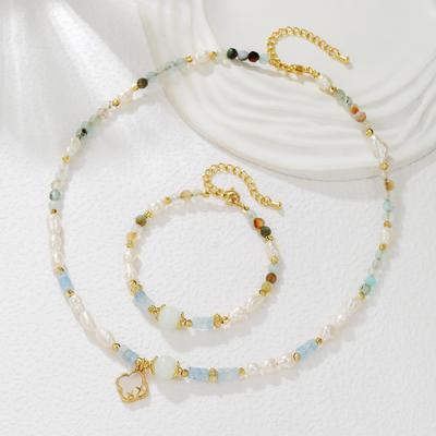 Collier Bracelet en Perles d'Aventurine Naturelle et de Perle