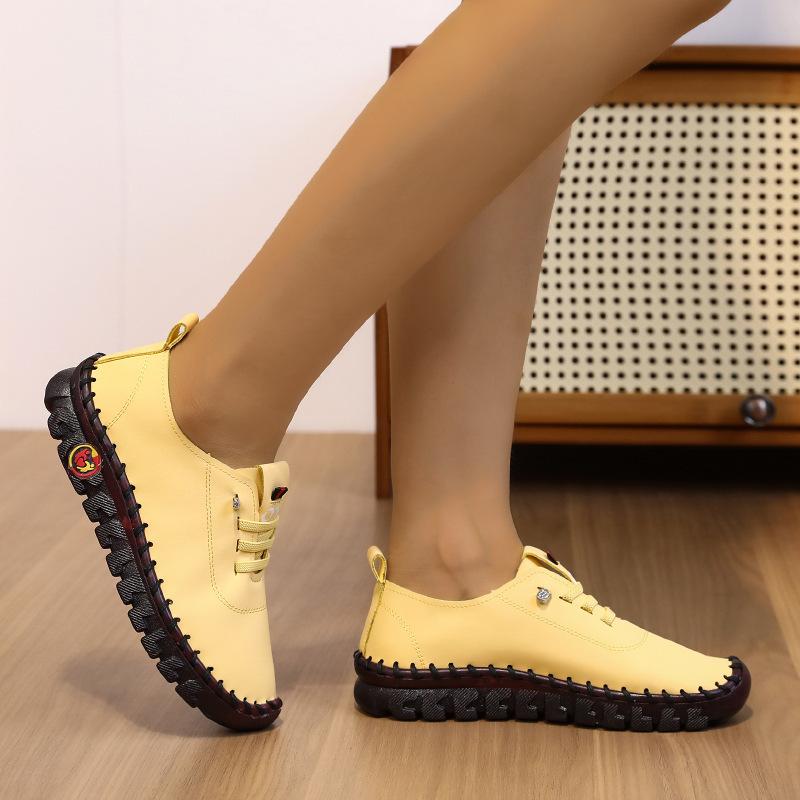 35-45,Soft-soled Shoes Women's Large Size Hand-stitched Lace-up Outside Casual Shoes, Ladies Imitation Leather Shoes