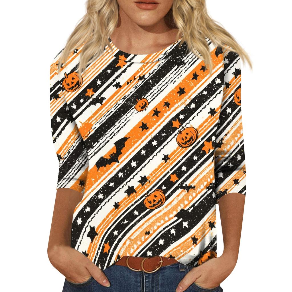 Women's Casual Halloween Print Pullover Top Three Quarter Sleeve Round Neck Shirt Lightweight Comfortable Fabric