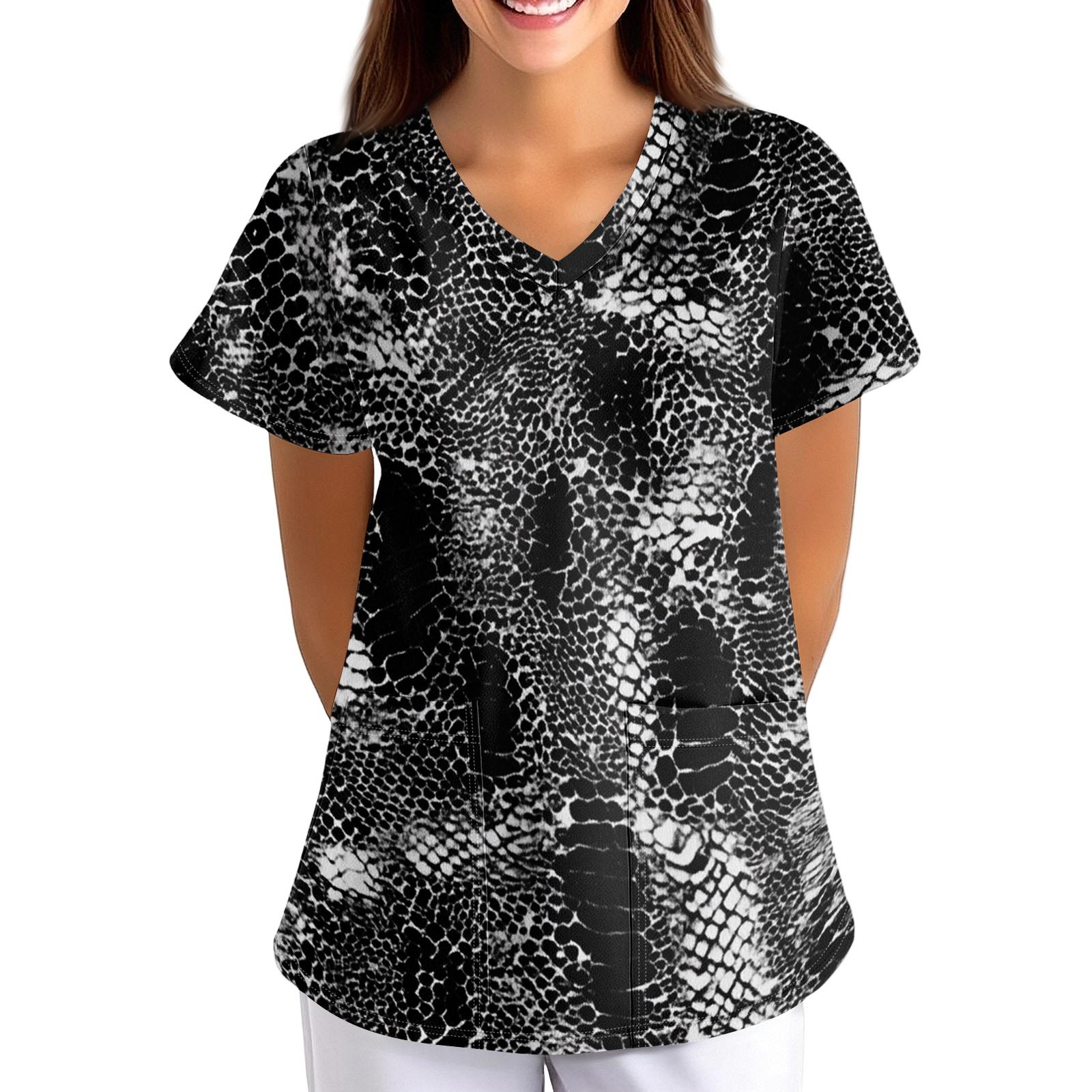 

Women’s Printed Loose Fit V Neck Pocket Short Sleeve Scrub Top Nurse Uniform for Healthcare XXXXXL чорний