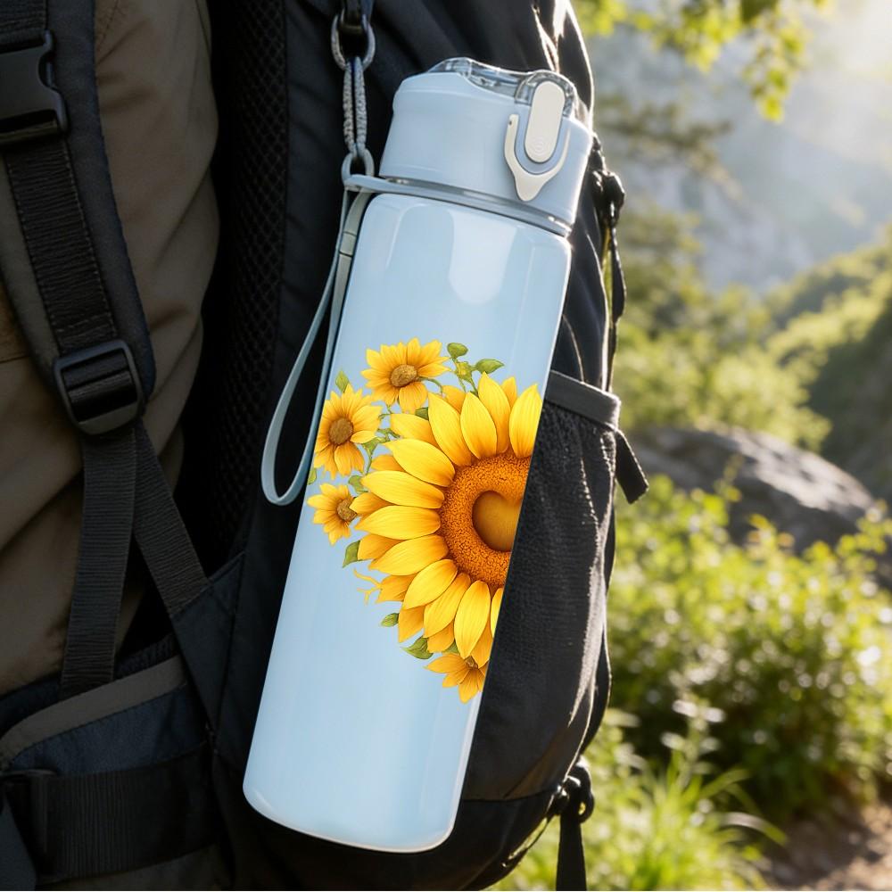 1PC Sunflower Single Bloom Decor 750ml Color Plastic Sports Water Bottle Leakproof Flip Straw Lid Suitable for Sports Office Home Use