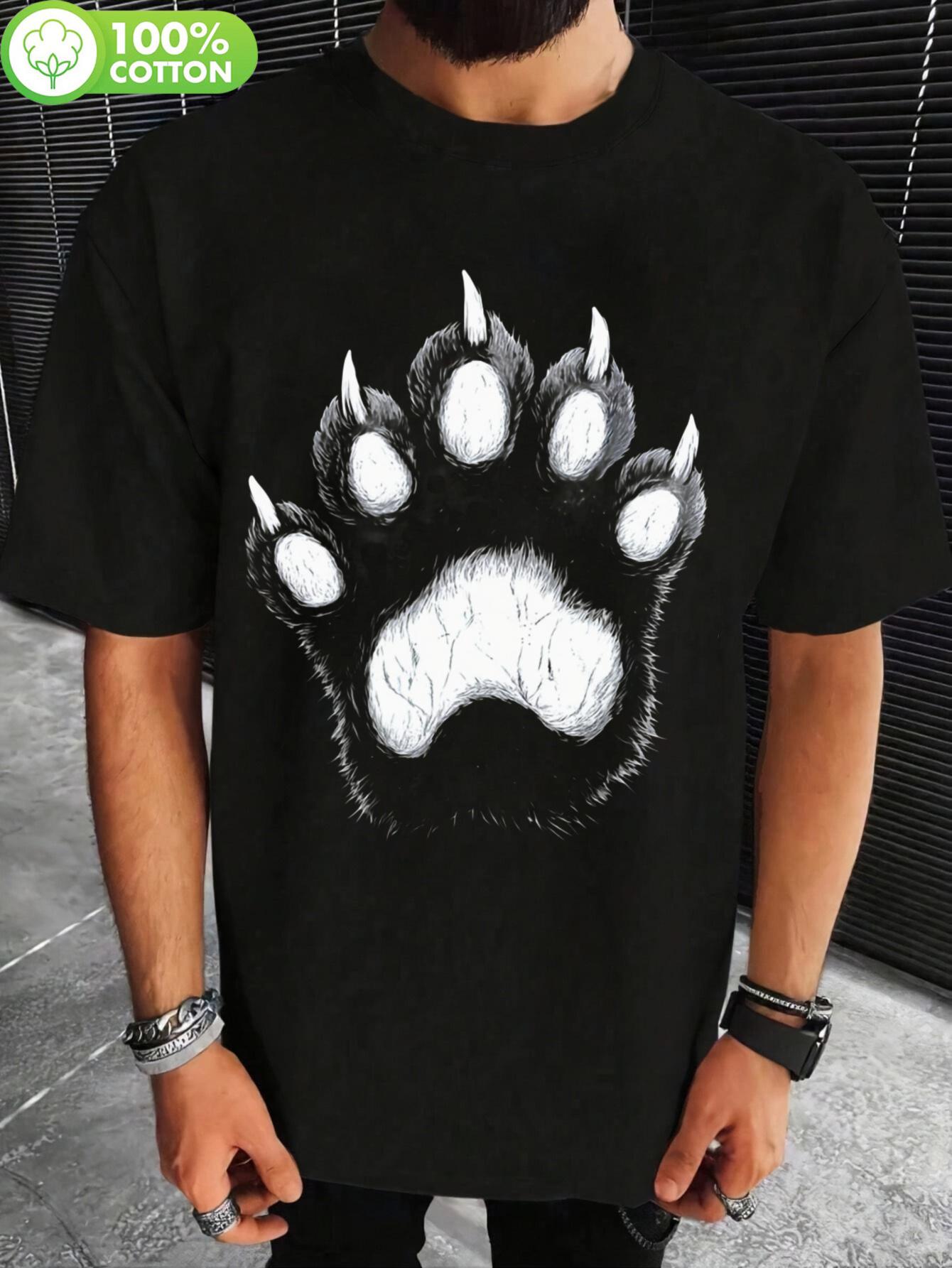 Bear Paw Print Graphic Cotton T-shirt - Soft Breathable 180gsm Heavyweight Fabric XXL