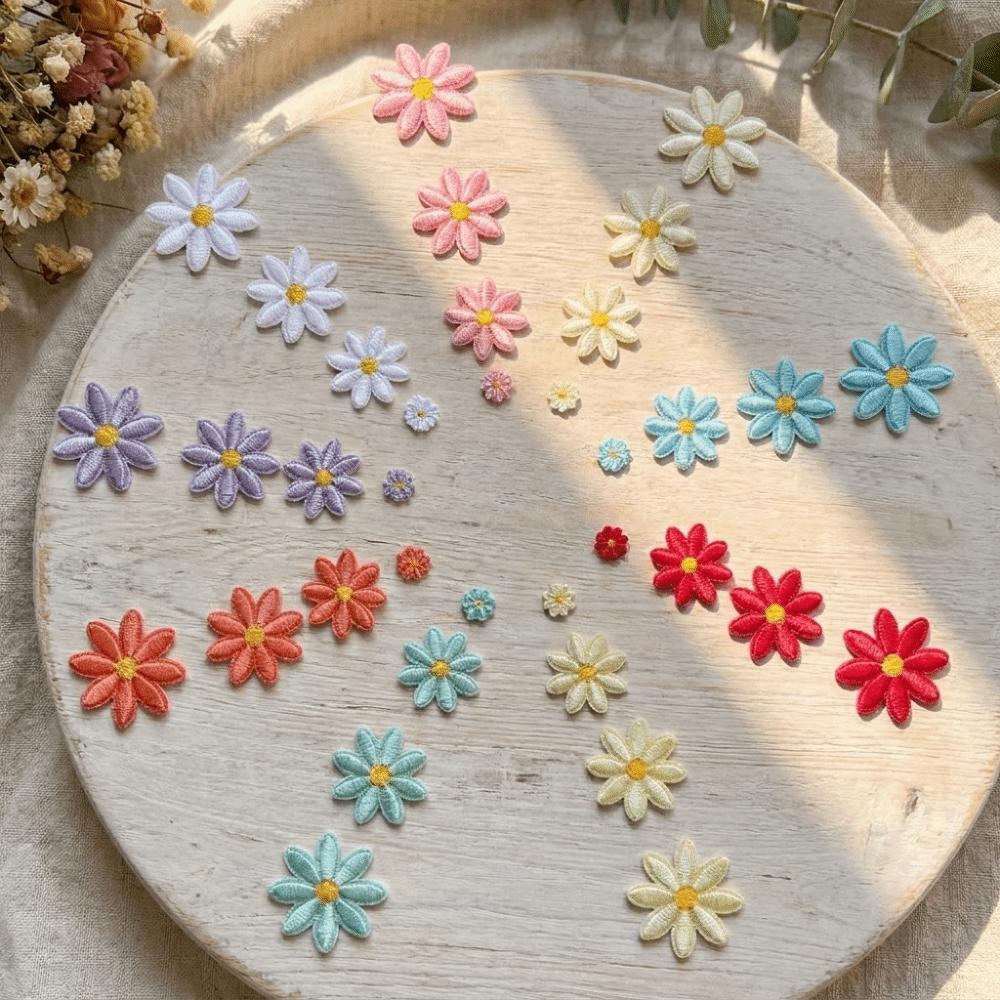 36 Stück Blumenmuster Gänseblümchen Aufnäher DIY Bastelbedarf mit Thermokleber Sonnenblume Aufbügelbilder 4 Größen Stickerei
