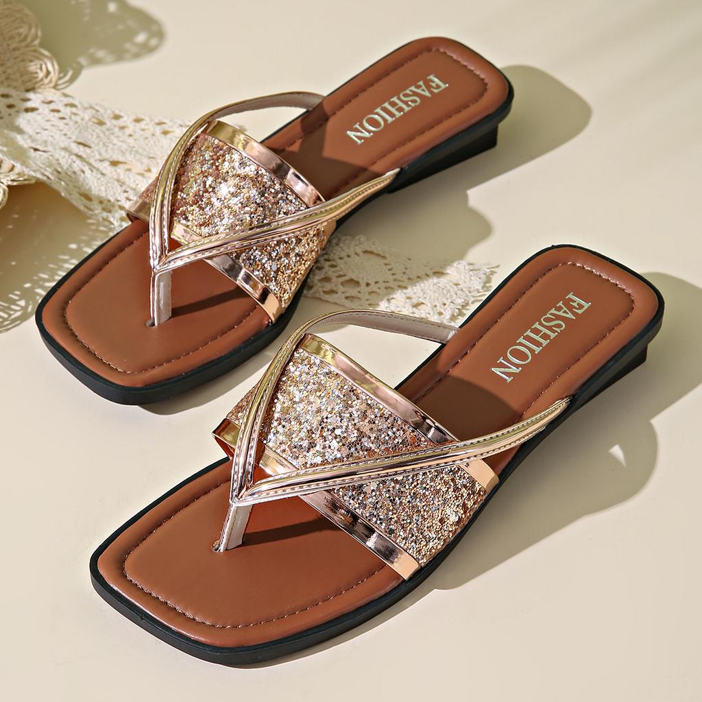 Plus Size Slip On Flat Slippers For Women Fashion Woven Sequins Casual Flip Flops Comfortable Beach Shoes