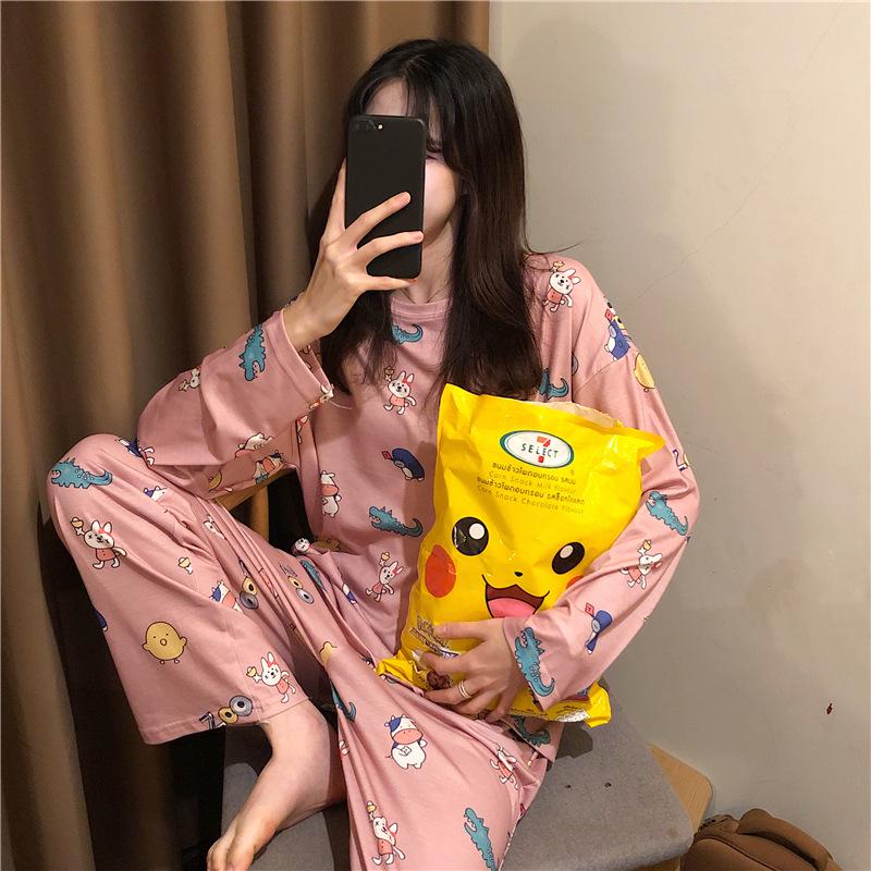 Set Pijama Dama Desen Animat - Cămașă cu Mânecă Lungă și Pantaloni, Haine de Casă pentru Studente Mignone pentru Primăvară și Toamnă