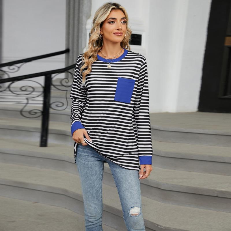 Autumn and Winter Round Neck Contrasting Loose Top Long Sleeved T-shirt