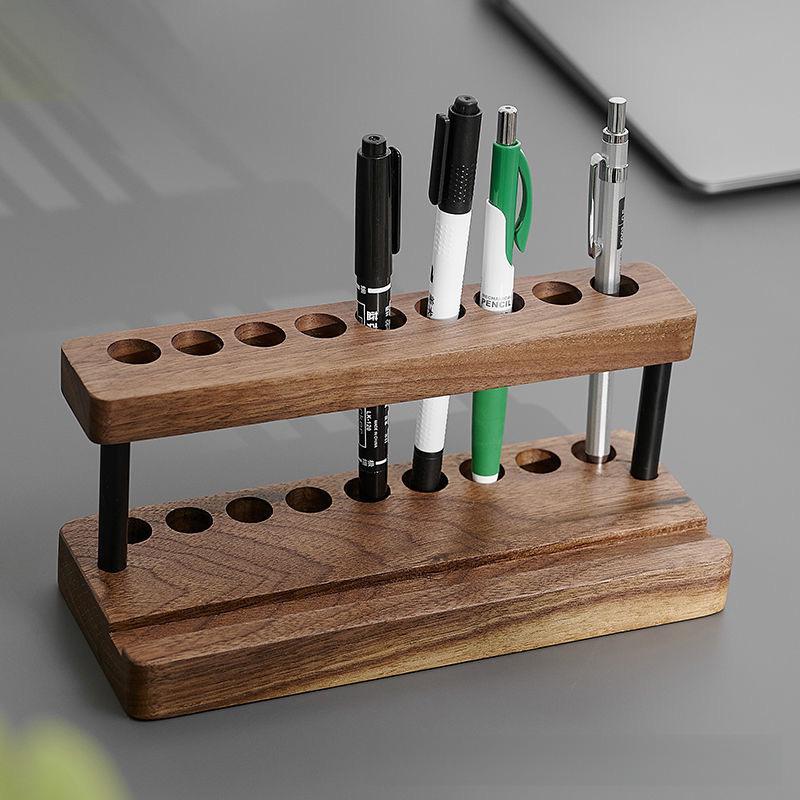 Vintage Wooden Desktop Pen & Phone Holder - Multifunctional Stationery Organizer