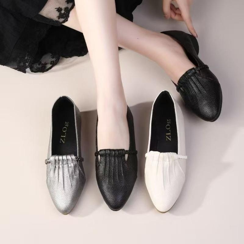 Spring and autumn new soft leather shallow mouth flat bottom Doudou shoes women versatile soft sole non-slip work single shoes women